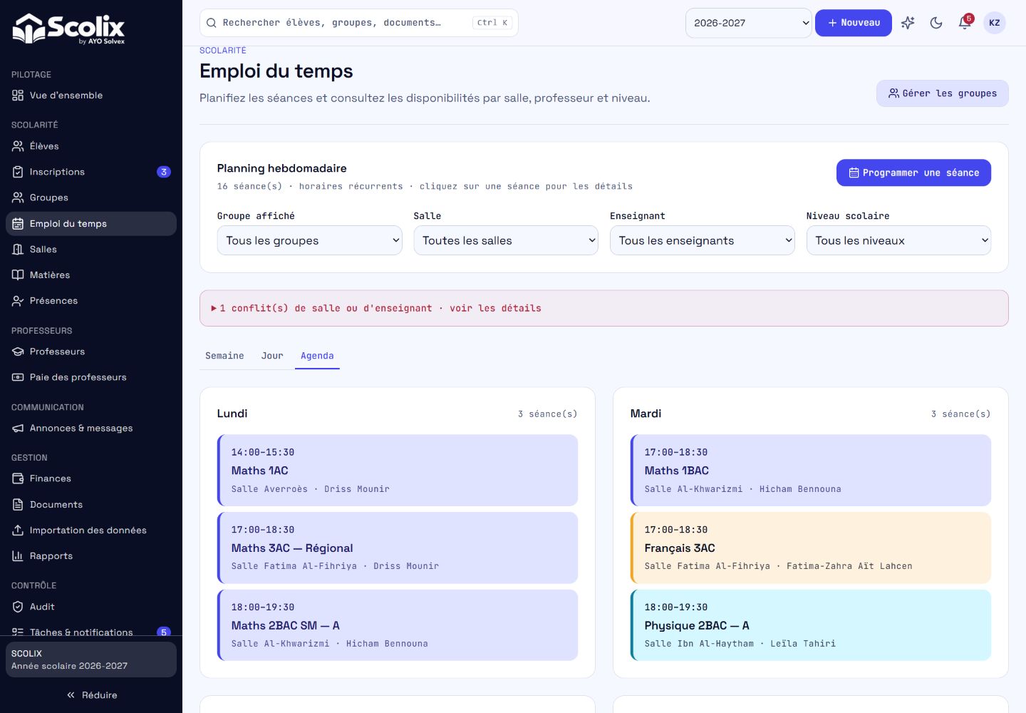 Véritable emploi du temps Scolix en vue agenda, avec séances, salles et professeurs.